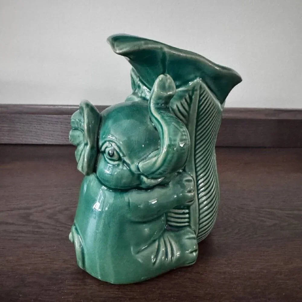 Adorable Ceramic Lucky Elephant Planter Vase in Emerald Green